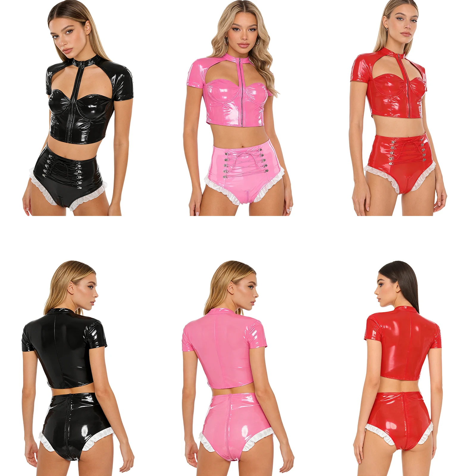 Women Pole Dancing Costume Wet Look PU Leather Outfit Push-up Underwire Cutout Zipper Crop Top with Shorts for Raves Nightclub