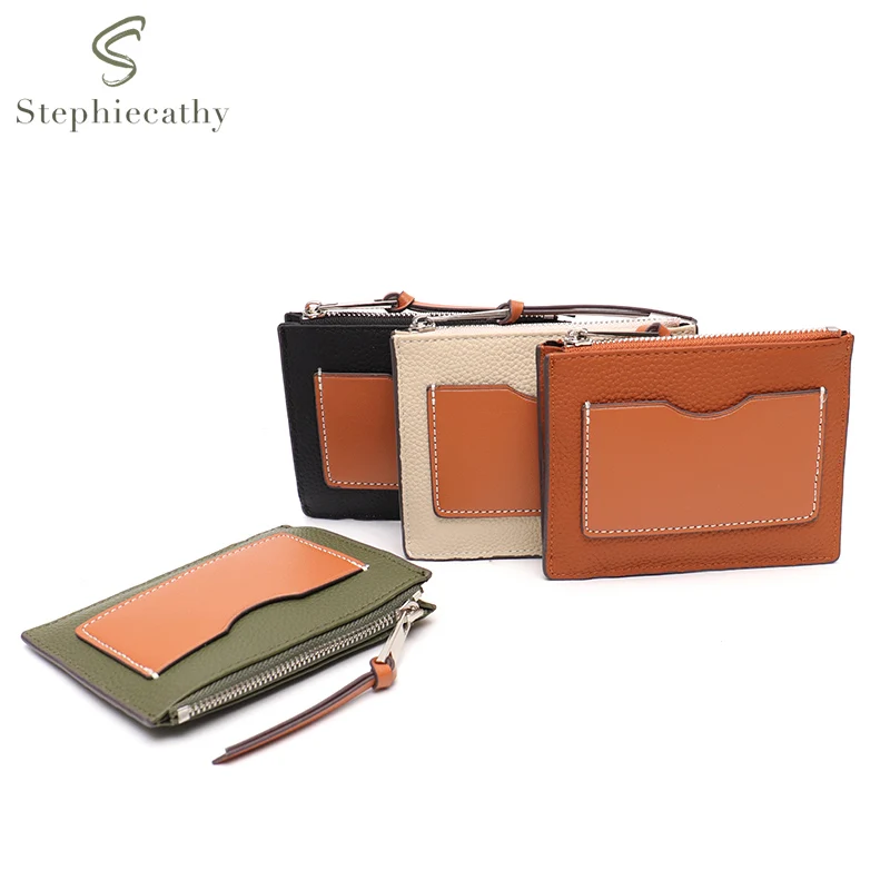 SC Contrast Color Real Leather Card Holder Women Multi Pockets Small Wallet Zip Money Bag Portable Function Cowhide Coin Purses