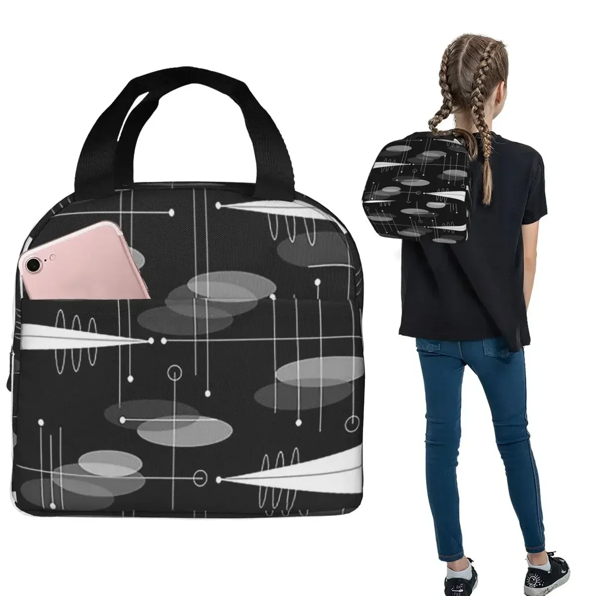 Mid-Century Atomic Space Age Insulated Lunch Bag for Women Children Portable Food Boxes Thermal Lunch Box Tote