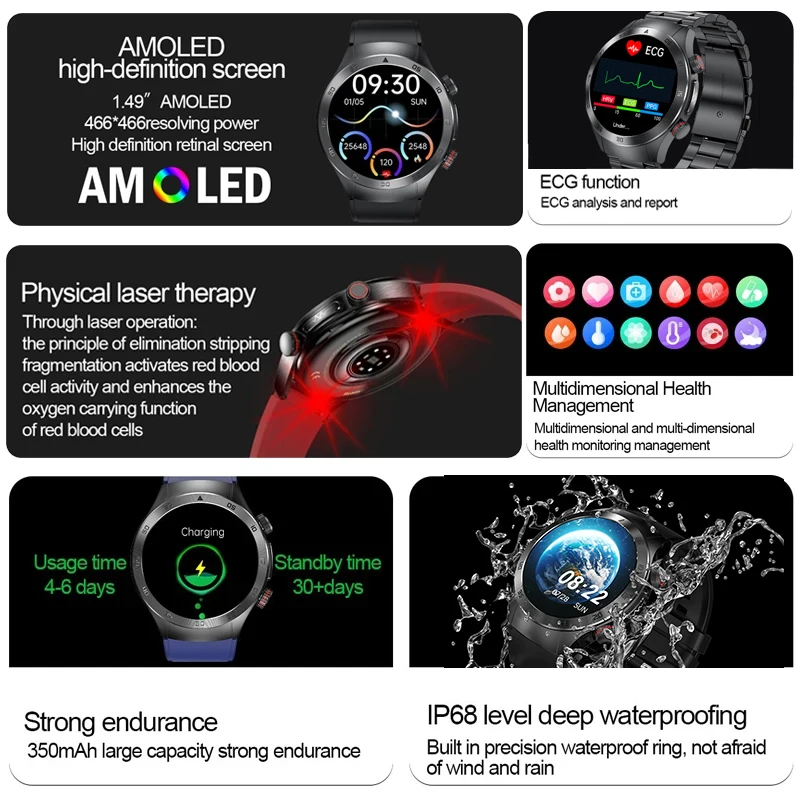 2024neue Saphirglas Laser behandlung drei hohe Smartwatch Männer Herzfrequenz Blutzucker Gesundheit Sport Tracker EKG ppg Smartwatch