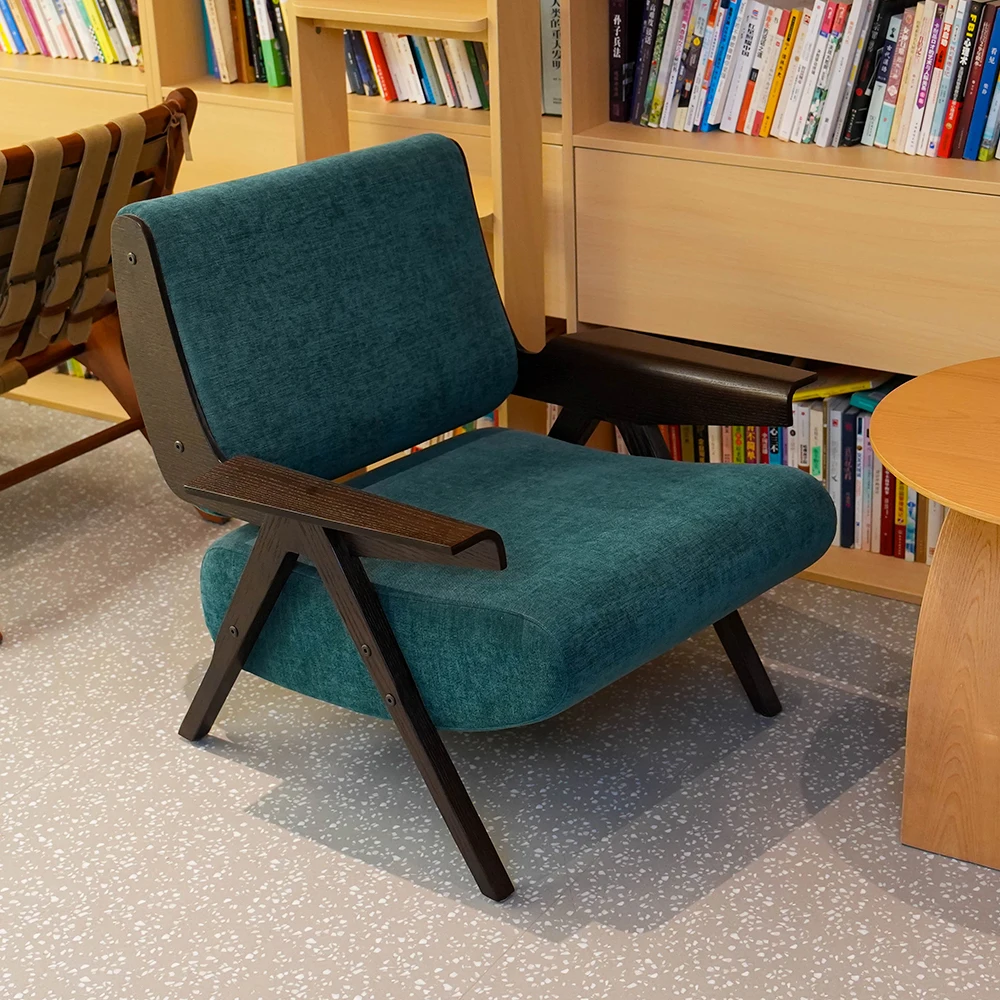 #Mid-Century Modern Wood Armchair, Linen Fabric Accent Chair, Single Lounge Chair for Living Room Bedroom