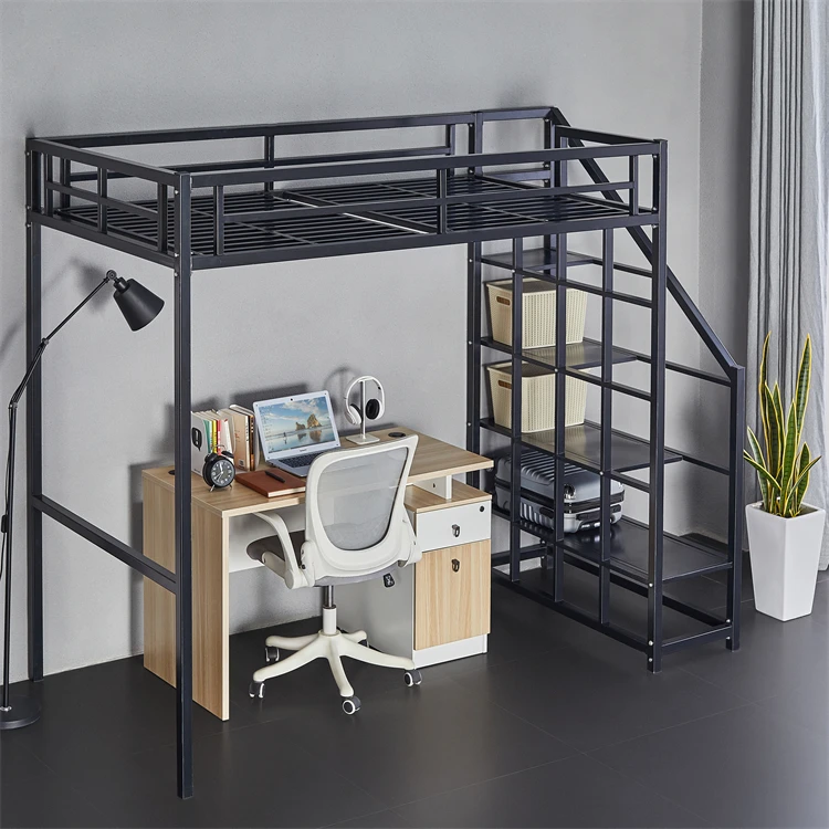 

Мебель для спальни, общежития, черный металлический каркас кровати-чердака с полкой для лестницы, полноразмерная стальная двухъярусная кровать для взрослых и детей