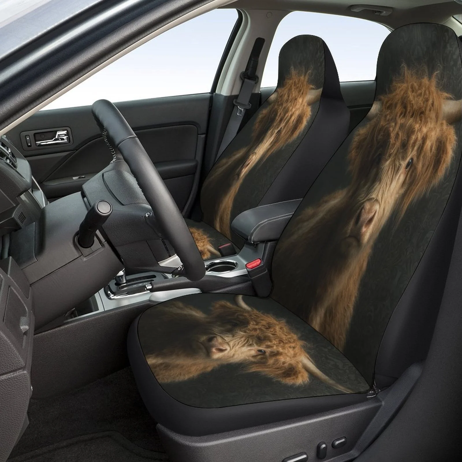 Set Of Car Seat Covers Featuring A Highland Cow Portrait, Suitable For Various Vehicles. Stylish And Durable, This Complete Set