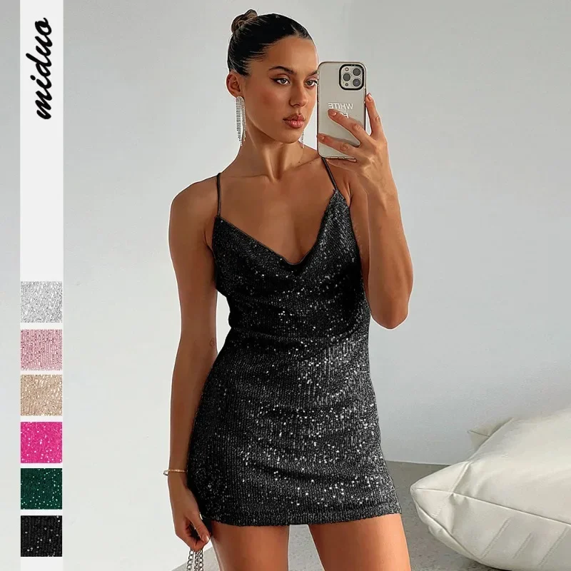 

Sexy Gold Sequined Mini Dress Women Sleeveless Low Cut Metal Slim Suspender Vestidos Spicy Girls Fashion Nightclub Party Dresses