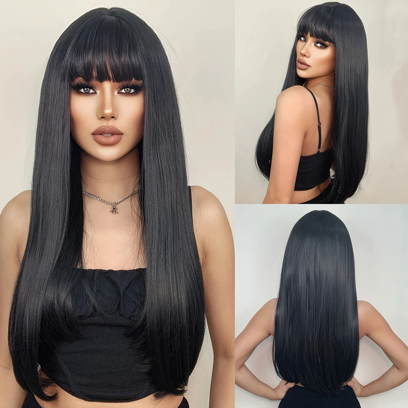 

26-дюймовый черный синтетический парик с длинной прямой челкой, модный женский парик, повседневная вечеринка, костюм на Хэллоуин, ролевой парик