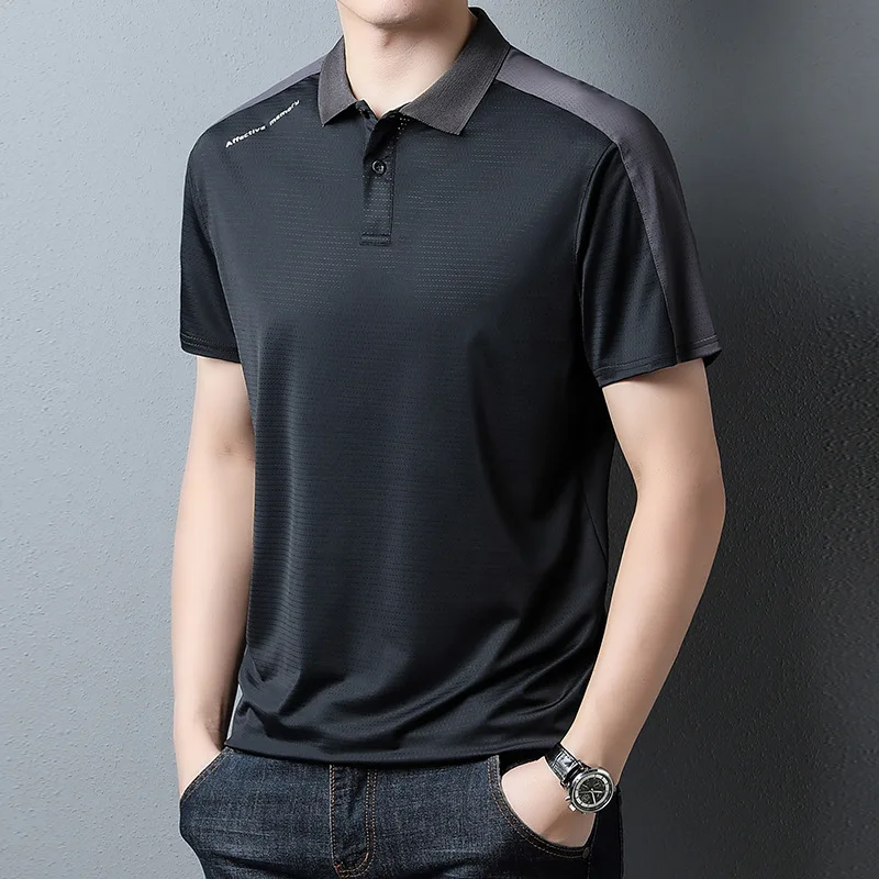 رجل قصير الأكمام الأعمال تي شيرت سريعة الجافة تي شيرت بولو تنفس قميص بلايز الحرير الجليد بدوره إلى أسفل طوق رجل الملابس MY964