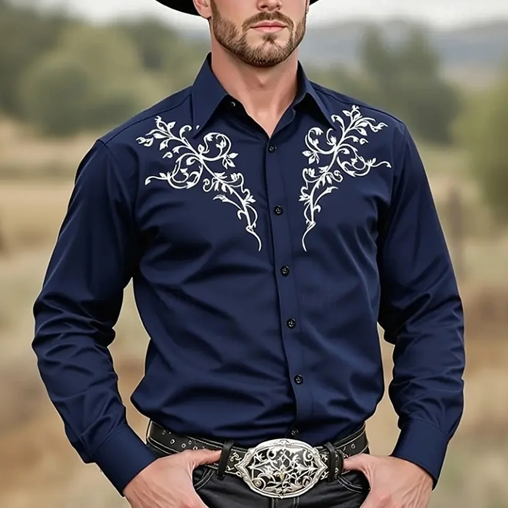 Nueva camisa de estilo étnico con estampado de arte floral para hombre, camisa de vaquero occidental, camisa de manga larga con cuello de playa de estilo clásico, envío rápido