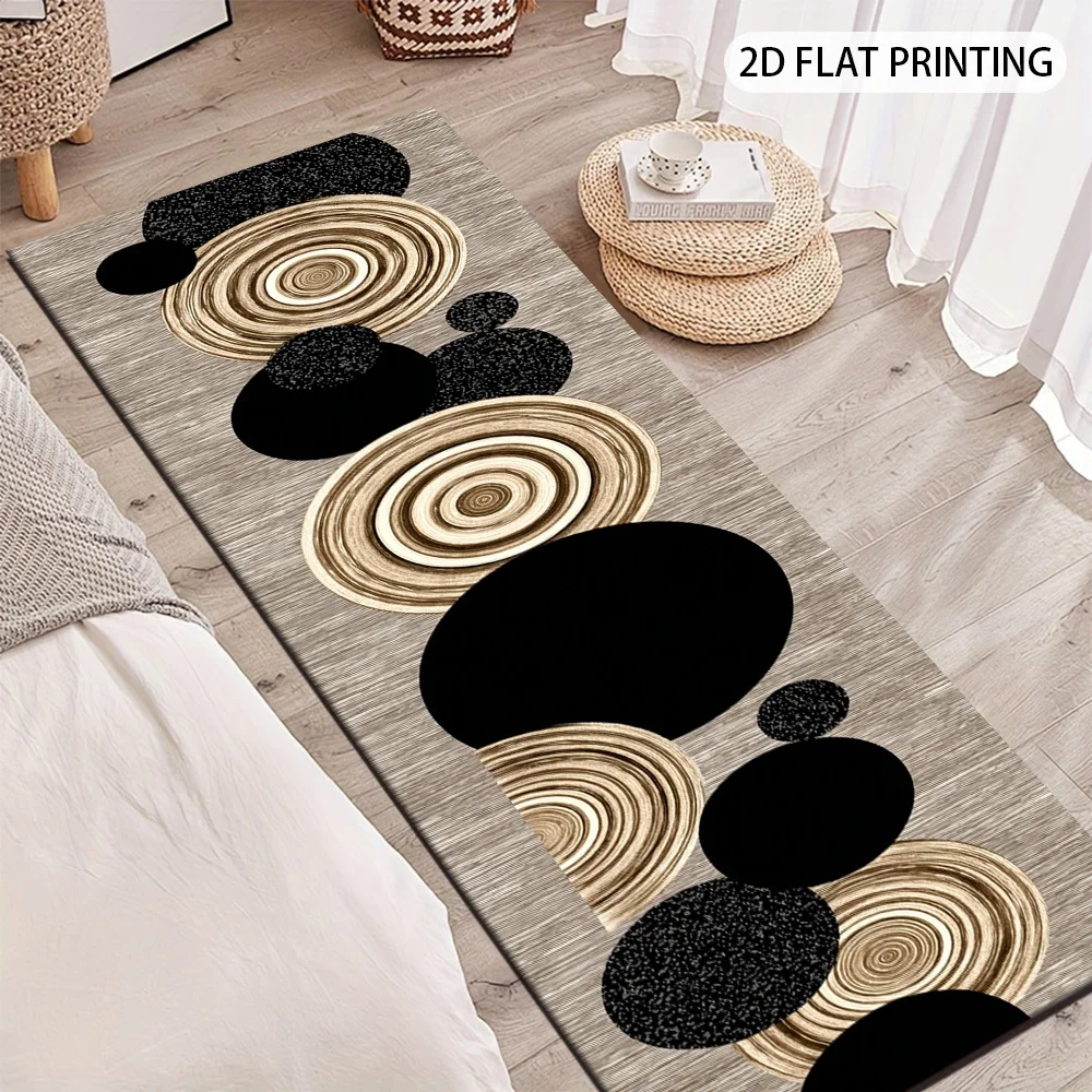 Light Gray Linen Texture Black Glitter Gold Swirl Oval Abstract Floor Runner Rug, washable mat for bedroom entry modern home
