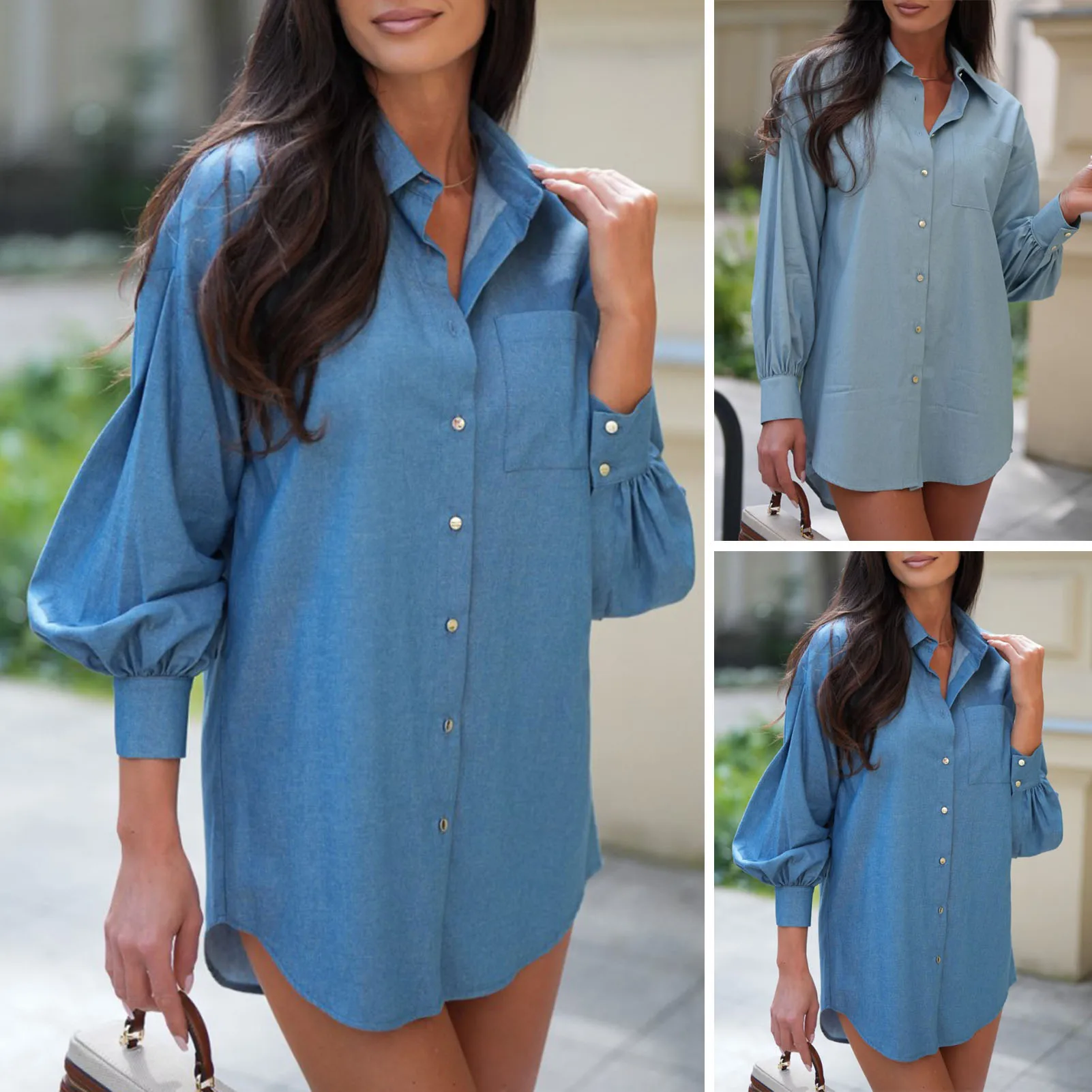 Popular  Short Top Spring Autumn Buttons Cuff Imitation Denim Pullover Puff Sleeve Soft Lady Pullover for Party