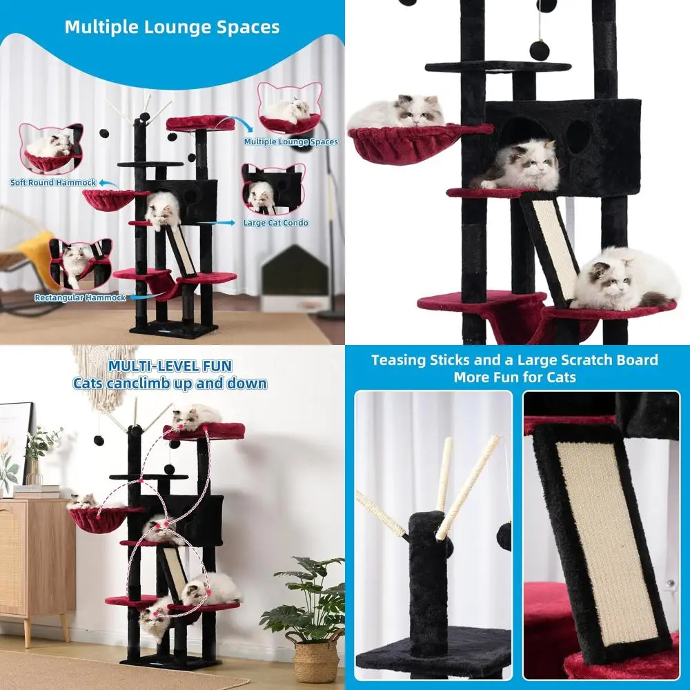 

53 Indoor Cat Tower with Padded Bed, Toy Balls, Cozy Condo, Hammocks, and Sisal Scratch Posts, Black & Red