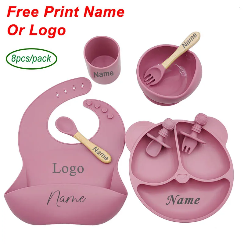 BPA Free Silicone Baby Feeding Set Personalized Name Logo Baby Tableware Children Dishes Divided Plate Child Stuff Accessories