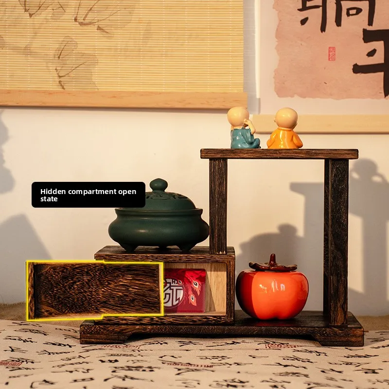Small Incense Holder Display Stand Mini Wooden Tea Table Shelf Hidden Compartment Creative Desktop Ornament Retro Style Decor