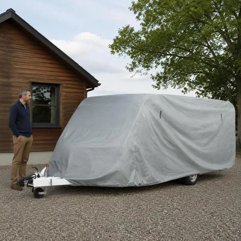 Housse de caravane 50,2 x 37,7 x 37,3 cm, grise, 3 couches de tissu non tissé, avec bord élastique et fermetures éclair, pour la protection intérieure et extérieure des caravanes et camping-cars, avec poche de rangement et sangles de fixation