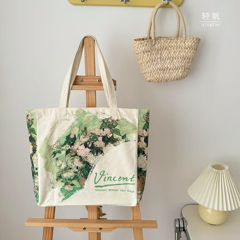 Light sail Van Gogh white rose oil painting canvas bag for men and women large capacity class book bag custom logo advertising