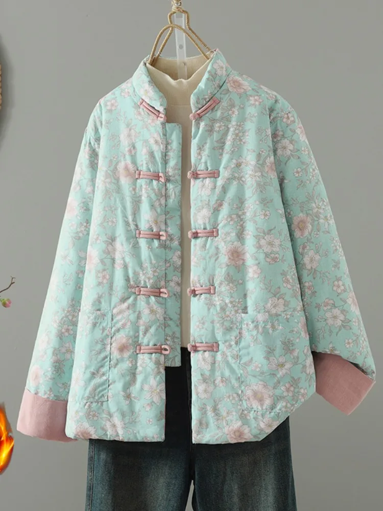 

Thiened Cotton Jaet Chinese Sle Floral Print Women's Winter Coat Large Size with Extra Cotton Warm Comfortable Outerwear