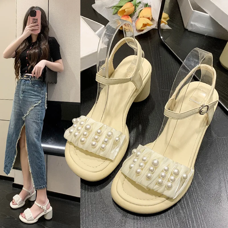 Round-headed Pleated Beaded Thick-heeled Casual Sandals In , with Korean Version of The Word Buckle with Sandals Female.