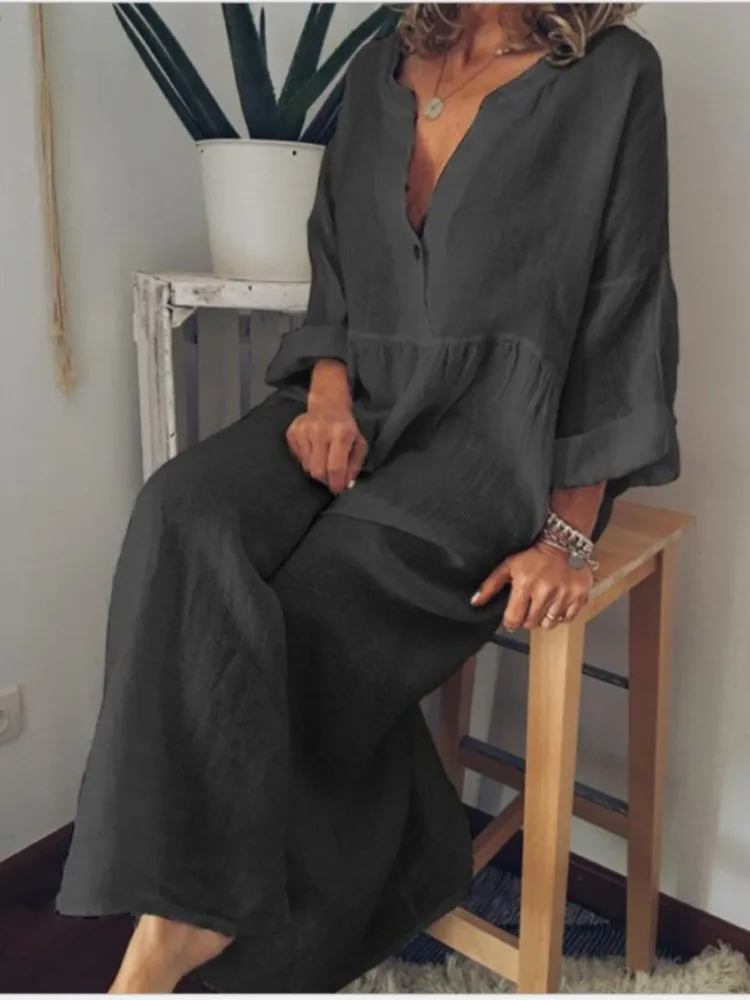 Loose Cotton Linen Women's Long Skirt Spring New Korean Version Loose Casual Solid Color Long Sleeved Button Up Dress
