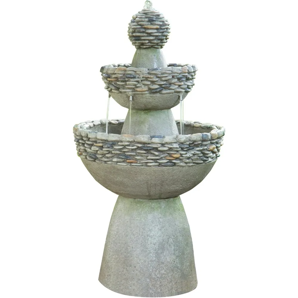 

36.5 in. outdoor 3-tier zen-style pedestal water fountain in. with stone trim with pump and 2.64 gallon capacity, stone gray