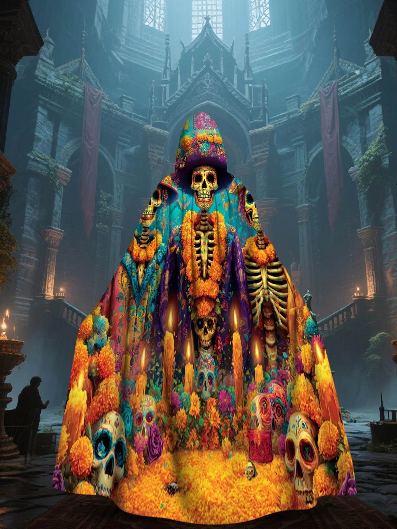 1pc 2D Flat Printing Day of the Dead Must-Have Hooded Cape for Travel Sugar Skull and Flower 100% Polyester Halloween Use