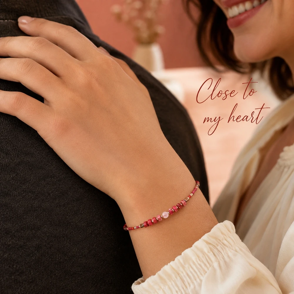 1pc Geometric Red Semi-Precious Stone Beaded Strand Bracelet Adjustable Lace-Up Closure Trendy Style for Women 28cm