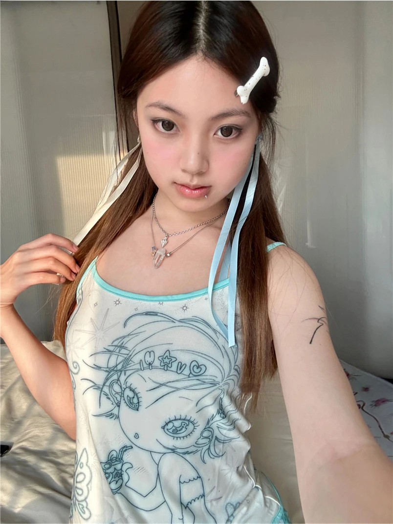 Qweek Japanse Y 2K Stijl Tanktop Vrouwen Harajuku Schattige Kawaii Anime Print Crop Tops Lief Sexy Mouwloos 2000 Hemdje Zomer