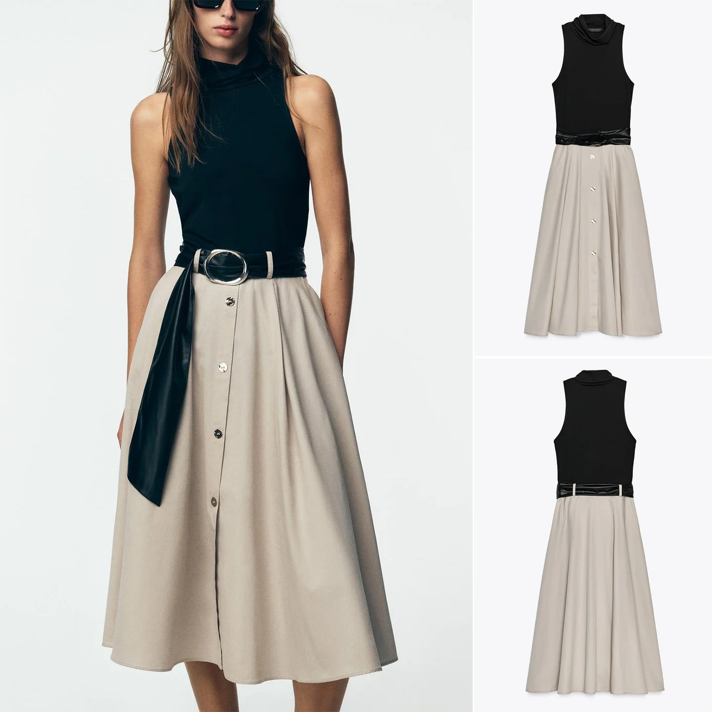 

Новая осенняя коллекция 2025: Повседневная юбка миди с воротником-стойкой, поясом и цветовыми блоками, из полиэстера, для офиса и повседневной носки