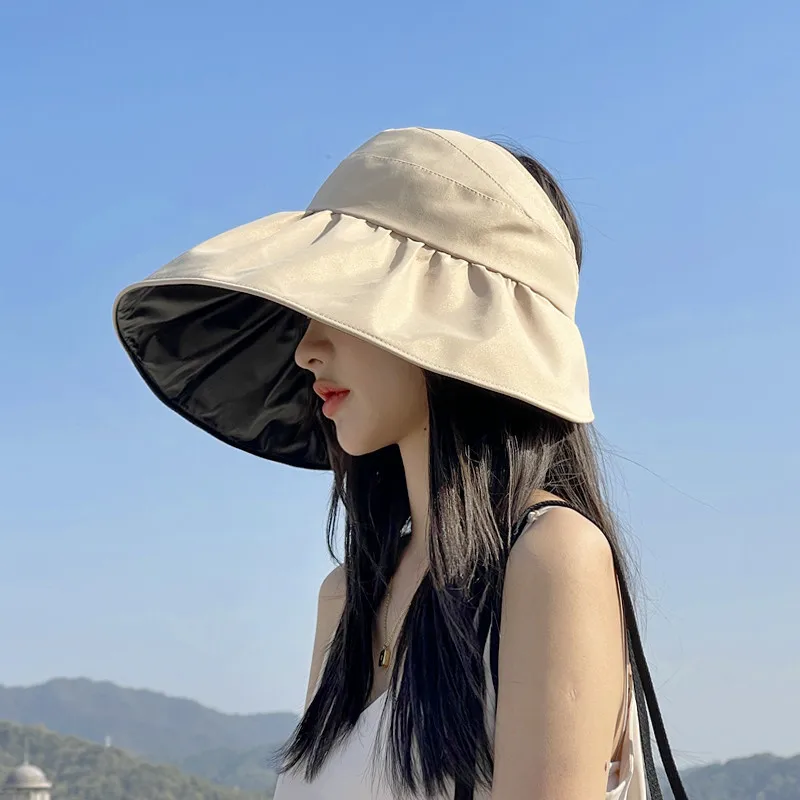 Sombrero de cubo con protección UV para mujer, visera ancha, parte superior vacía, protector solar, gorra fortable para viaje en la playa al aire