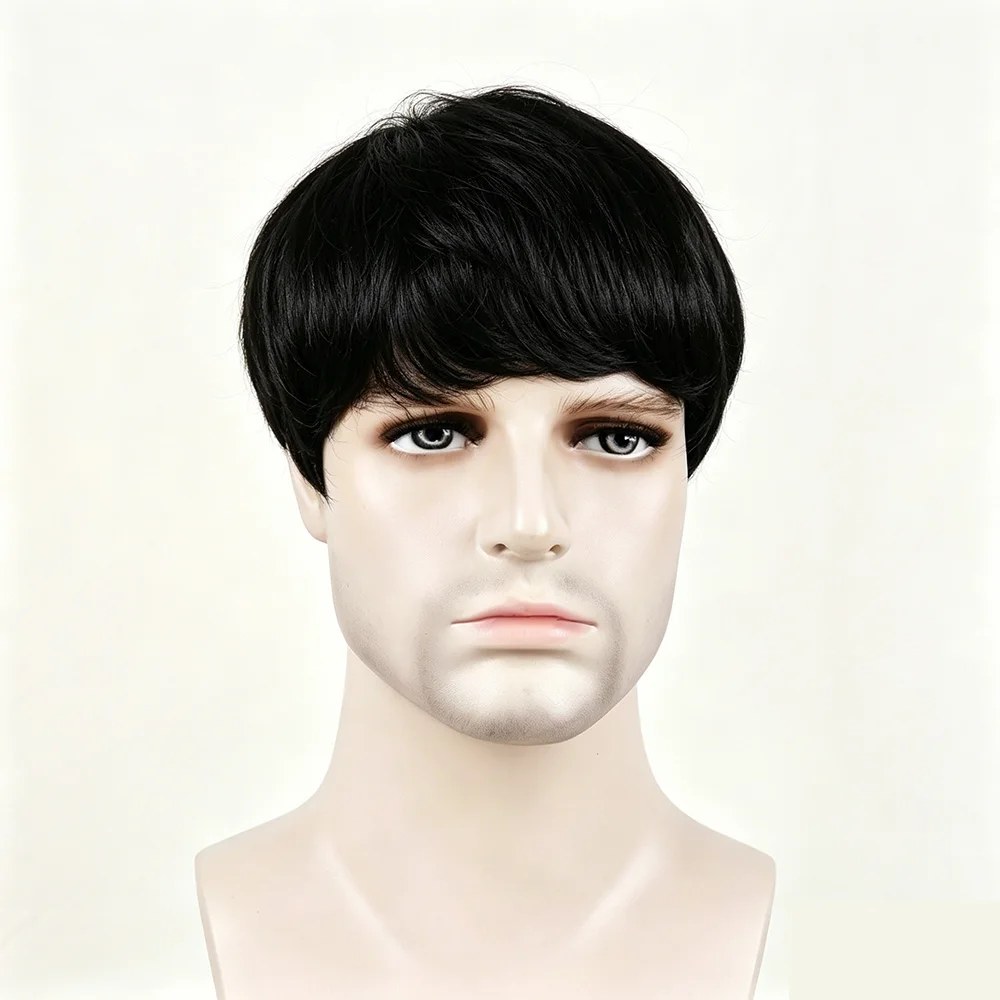 

Men's Black Short Full Machine Made Wig with Straight Layered 100% Human Hair Wig with Bangs for Daily Use