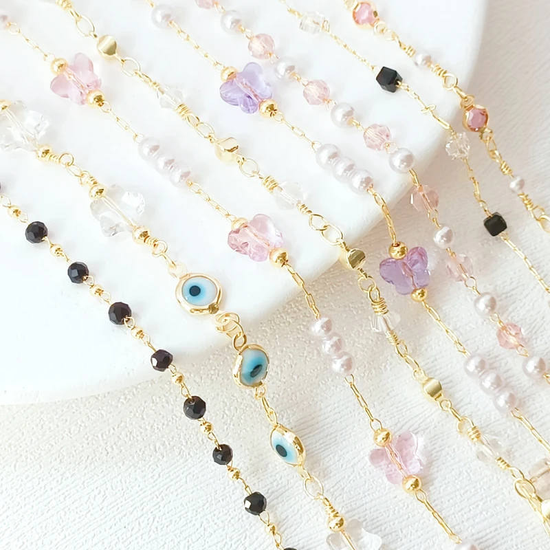 1 Meter New 14K Copper Clad Gold Semi-finished Imitation Pearl Butterfly Crystal Handmade Chain DIY Blue Eye Chain Accessories