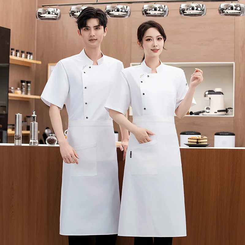 Veste de Chef à manches courtes en maille respirante grise, uniforme de Chef avec tablier, manteau de Chef de cuisine de Restaurant, vêtements de travail, accessoires pour hommes