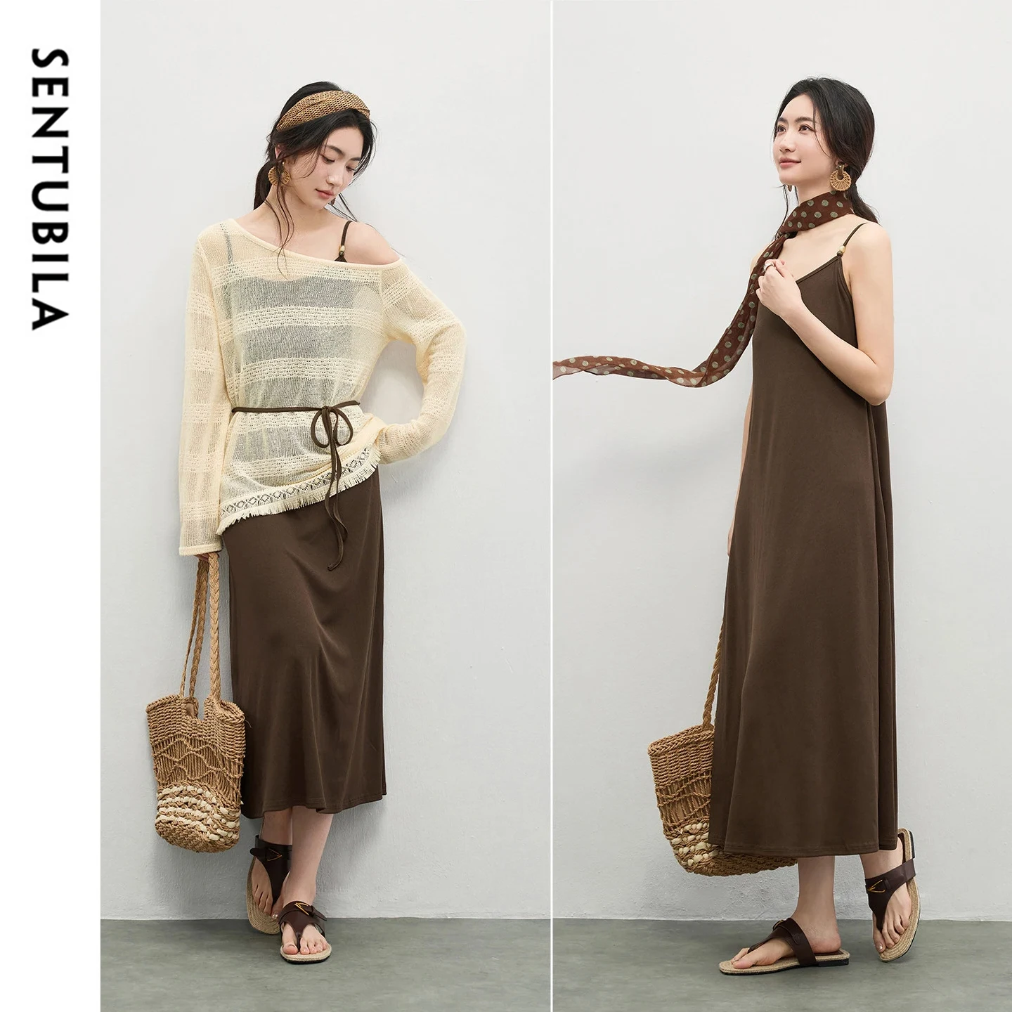 SENTUBILA Women's Two Piece Dress Set 2026 Spring Loose Long Halter Dress Hollow Out Smock Knit New in Matching Set W61ZB5643