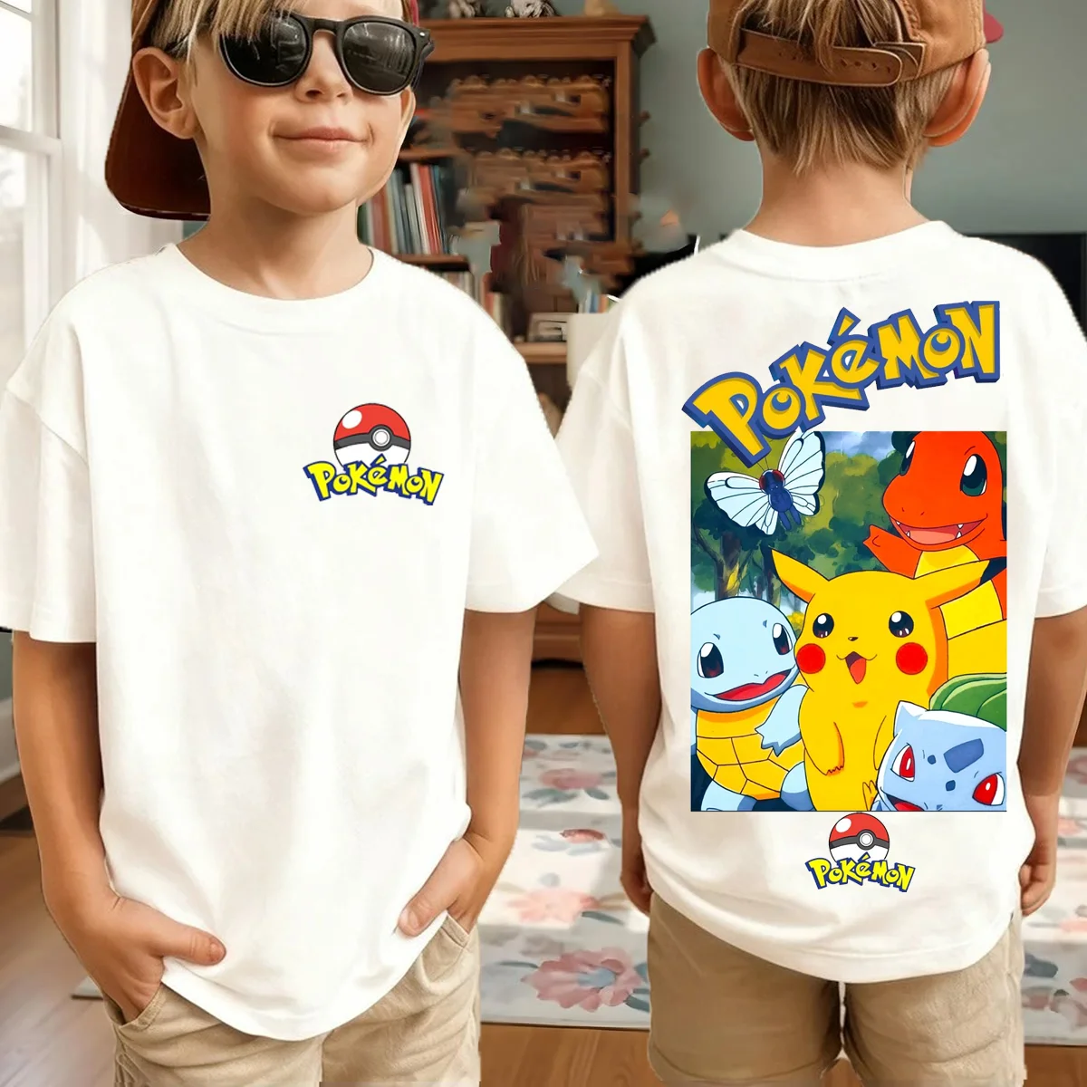 Sommer-Pokémon-Anime-T-Shirts für Jungen, kurzärmeliges Oberteil aus reiner Baumwolle, lässig, geeignet für Jungen und Mädchen, Eltern-Kind-Outfits.