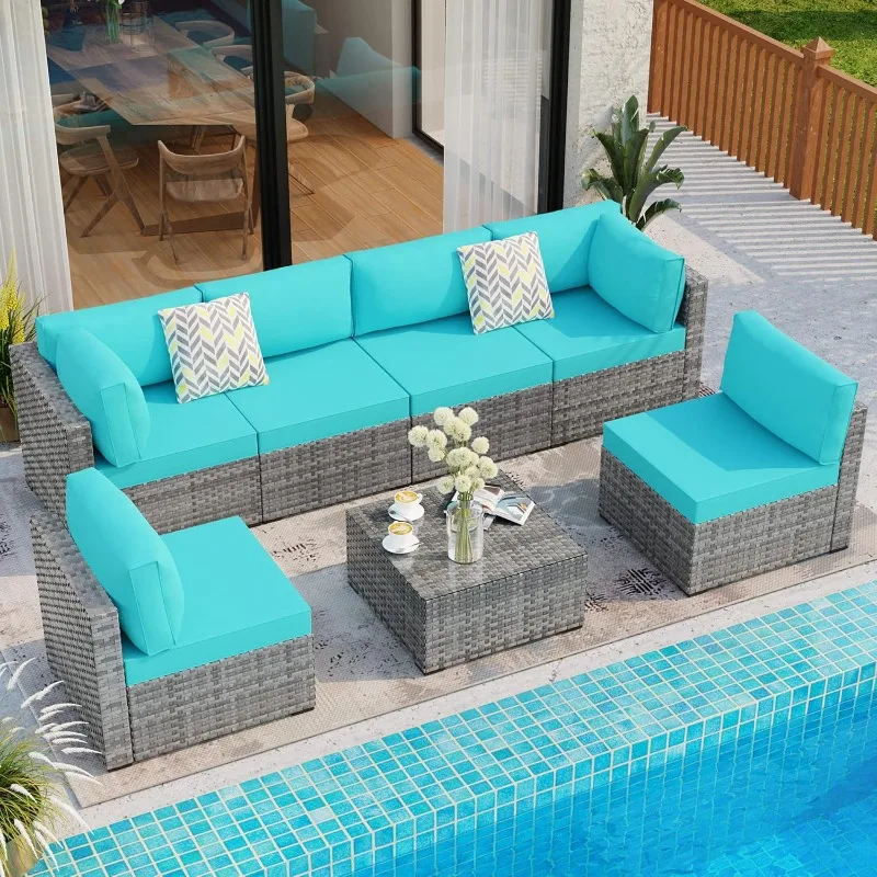 7 Pieces Outdoor Patio Sectional Sofa Silver Grey PE Wicker Furniture Reception Set for Garden Poolside Backyard Sky Blue