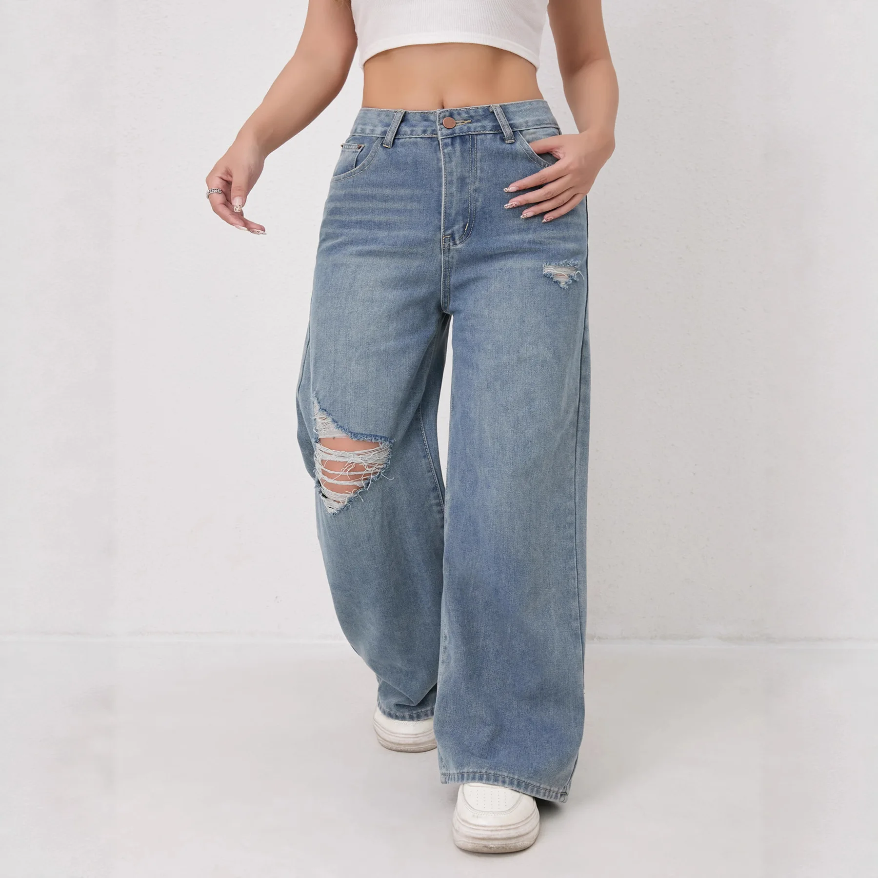 

Women's Vintage High Waist Wide Leg Jeans, Distressed Ripped Loose Slim Fit Spring Autumn Streetwear Denim Pants