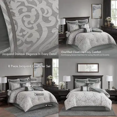 All Season Down Alternative Comforter Set with Jacquard Medallion Design, Queen Size, Silver 8-Piece Bedding