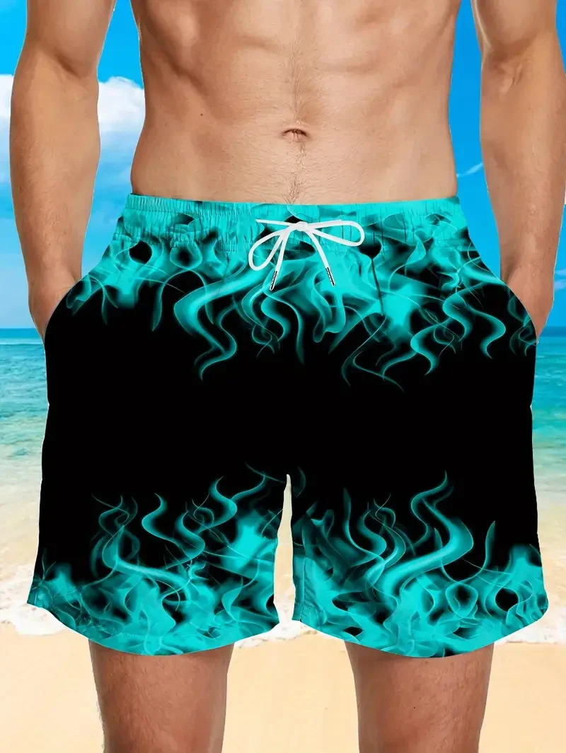 Pantalones cortos de playa con estampado de llamas vibrantes en 3D para hombre, pantalones cortos informales de talla grande de verano para hombre, pantalones cortos de estilo hawaiano, bañadores para hombre