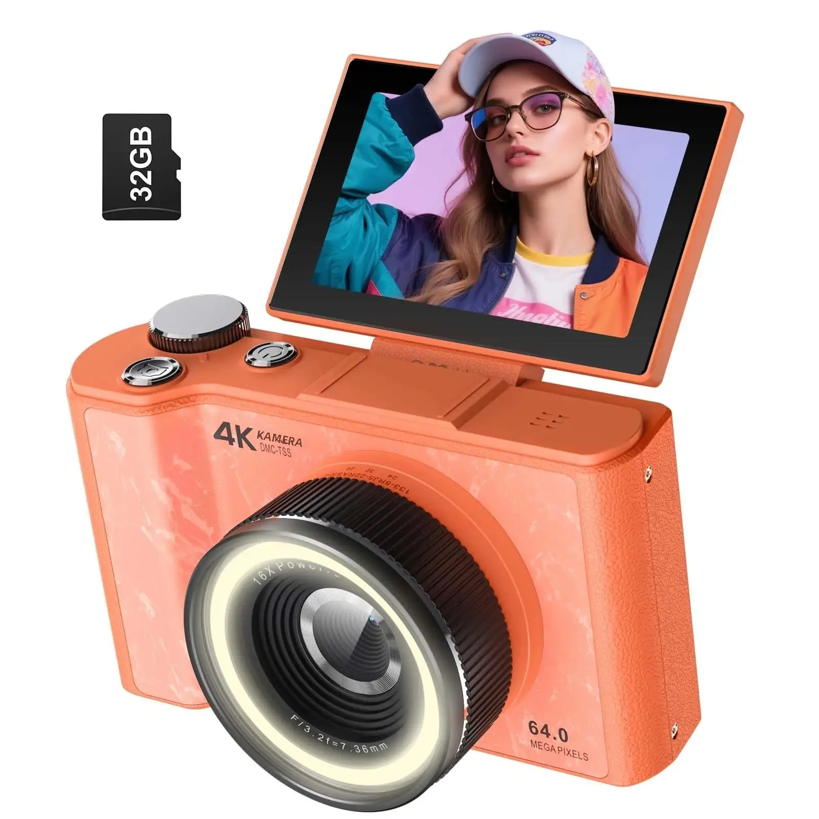 4K Vlogging-Kamera, 180 °   Klappbildschirm, Ringlicht & Beauty-Modus, Digitalkamera für Anfänger, 32G SD-Karte inklusive, Weihnachtsgeschenk