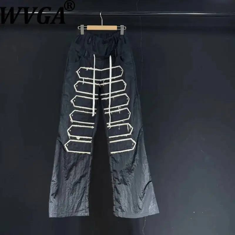 WVGA Spring Autumn New Men Tide Punk Style Rivet-decorated Wide-leg Pants Streetwear Functional Niche Casual Trousers Ins W25029