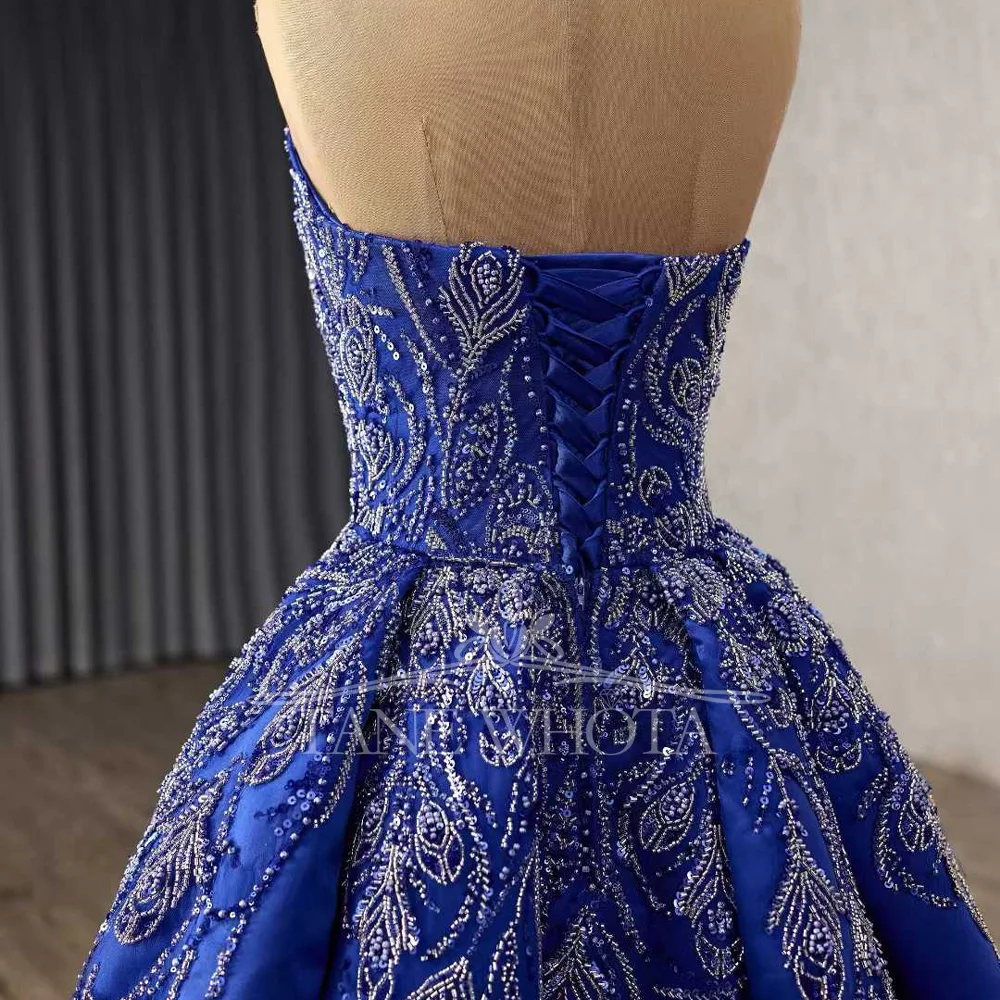 Blaues trägerloses, ärmelloses Abendkleid mit Schnürung am Rücken, Perlenstickerei und Pailletten, anpassbares Kleid für besondere Anlässe für Frauen