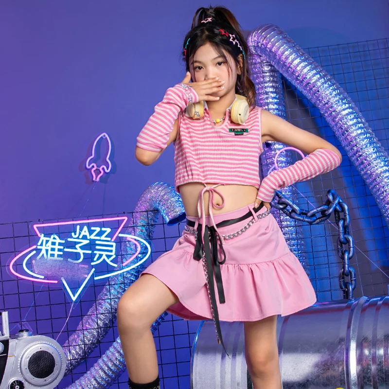 

2023 Children Jazz Modern Dance Costumes For Kids Pink Tops Skirts Suit Fashion Ballroom Hip Hop Dance Rave Clothes DQL8461