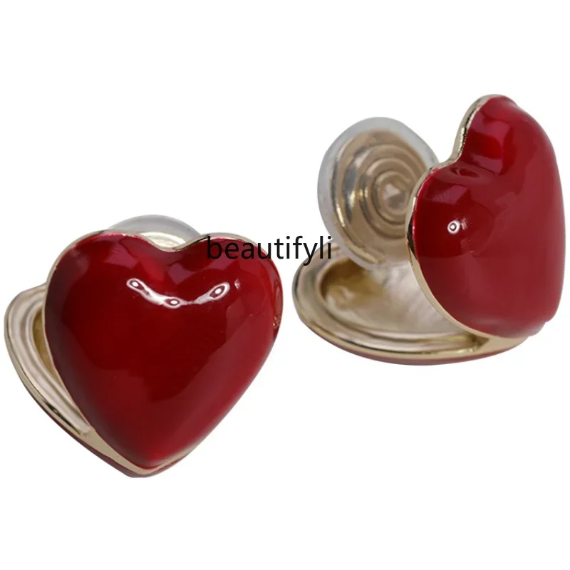 zq Retro Red Double-Sided Love Earless Ear Clip Elegant Festive Personality Ear Buckle Female Earrings