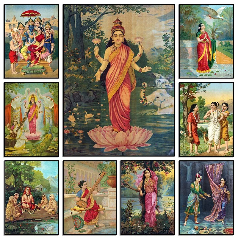 Raja Ravi Varma Classic Indian Folk Art Goddess of Spring Lakshmi Religious Poster Canvas Painting Wall Pictures Home Decor