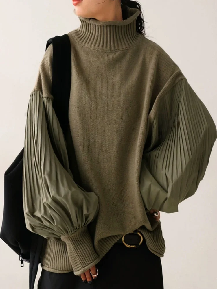 

Женский свитер, свободный пуловер, водолазка, свитер, вязаная верхняя одежда с цветными блоками, плиссированные рукава для повседневной носки