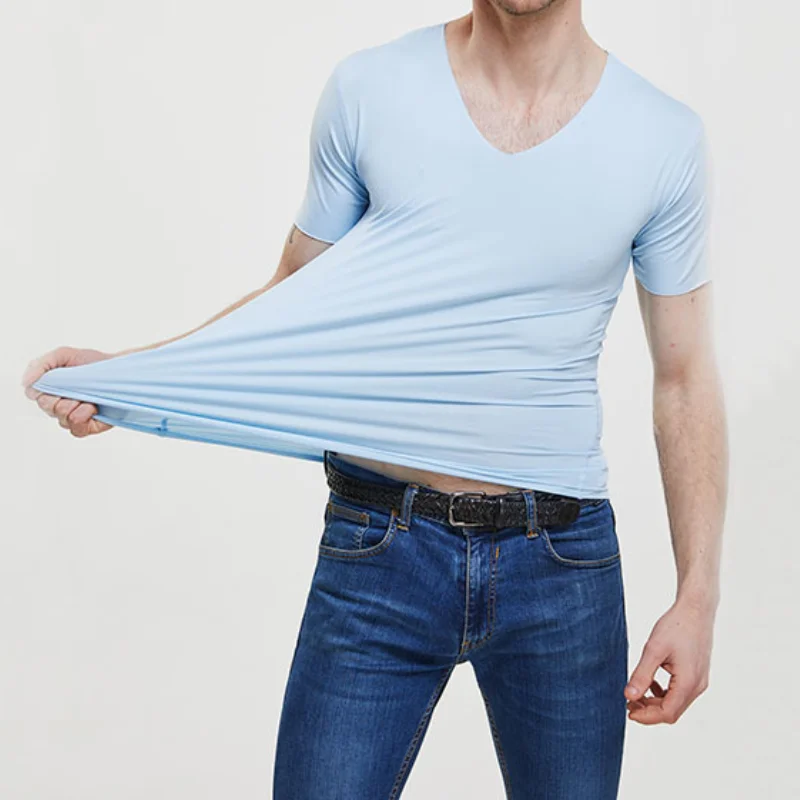 Summer Men's Ice Silk Thin Cool Feeling V-Neck Large Size Men T-Shirt Short Sleeve Loose T-Shirt Solid Color For Male Tops Tees