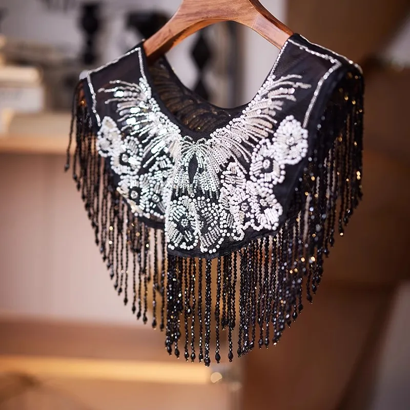 

Women's Vintage Embroidery Luxury Beaded Tassel Pashmina Female Autumn Winter Chinese Vintage Shawl Cloak Collar R2710