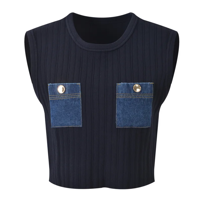 Chujie 2025 outono inverno novo design sentido denim retalhos gola polo jaqueta de peito único + colete curto sem mangas + saia