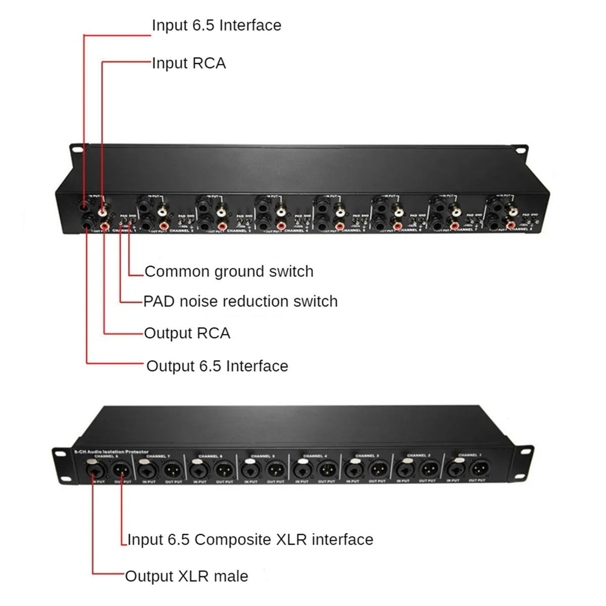 T8 Multi-Function 8-Channel Audio Isolator 1U Rack Mounted XLR 6.35mm Audio Isolator Eliminates Current