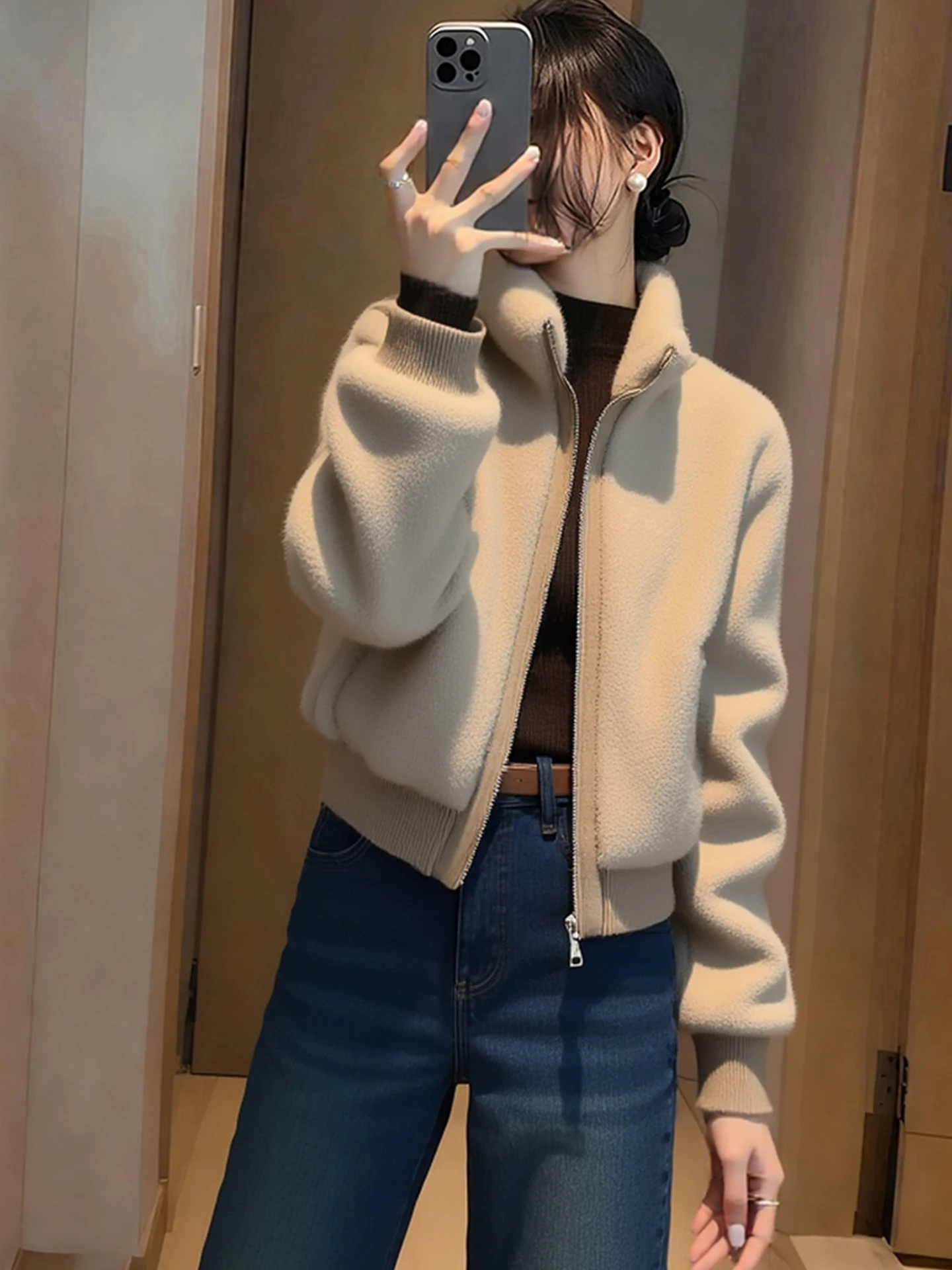 

Женский зимний кардиган из овечьей шерсти 2025: модный, свободный, на молнии, универсальный, с длинными рукавами