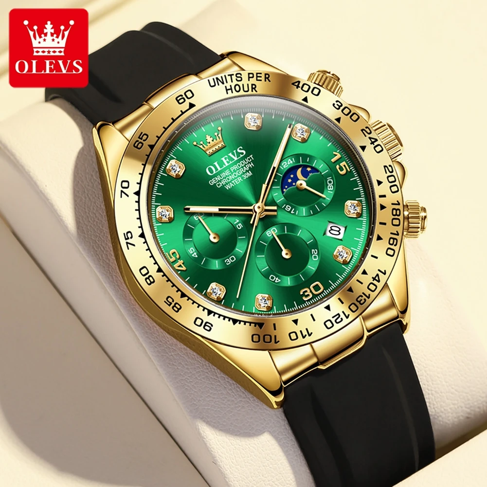 OLEVS 2875 Men's Watch Original Sports Waterproof Luminous Date Moon Phase Timing Code Silicone Band Quartz Wristwatch for Man