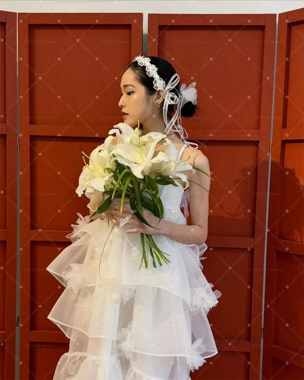SPRAYING Princess A-line Tiered 3D Flower Wedding Dresses Korea Photo Shoot Strapless Strap Ivory Long Bridal Gowns Customized